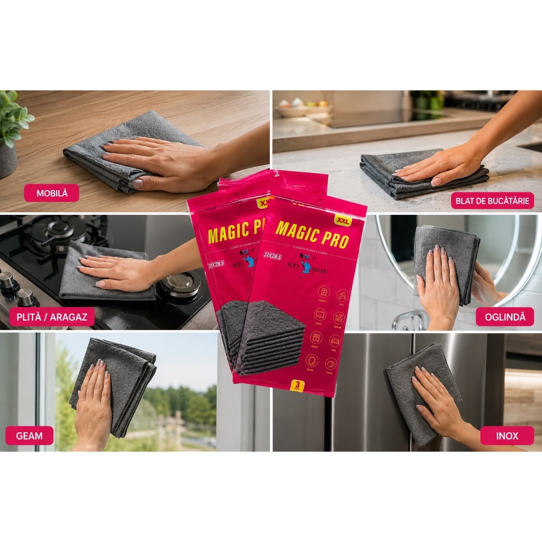 LAVETA MAGIC PRO Lavetă Magic Pro XL din Microfibră – Curățare doar cu apă – Set 3 bucăți