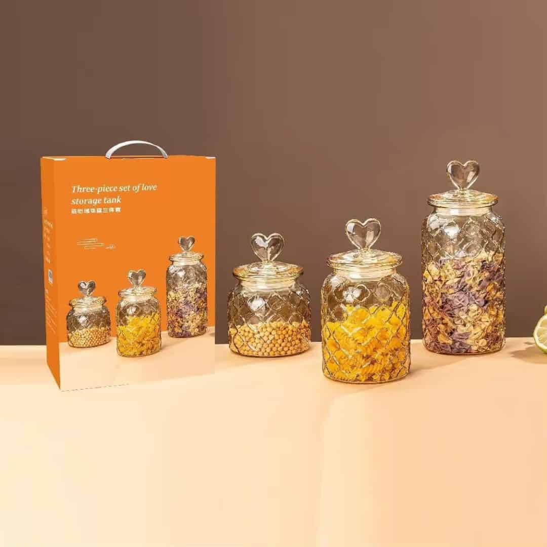 Set 3 borcane din sticlă cu capac inima 2 Set 3 borcane din sticlă cu capac inimă, recipiente depozitare sticlă decorative bucătărie - A16513