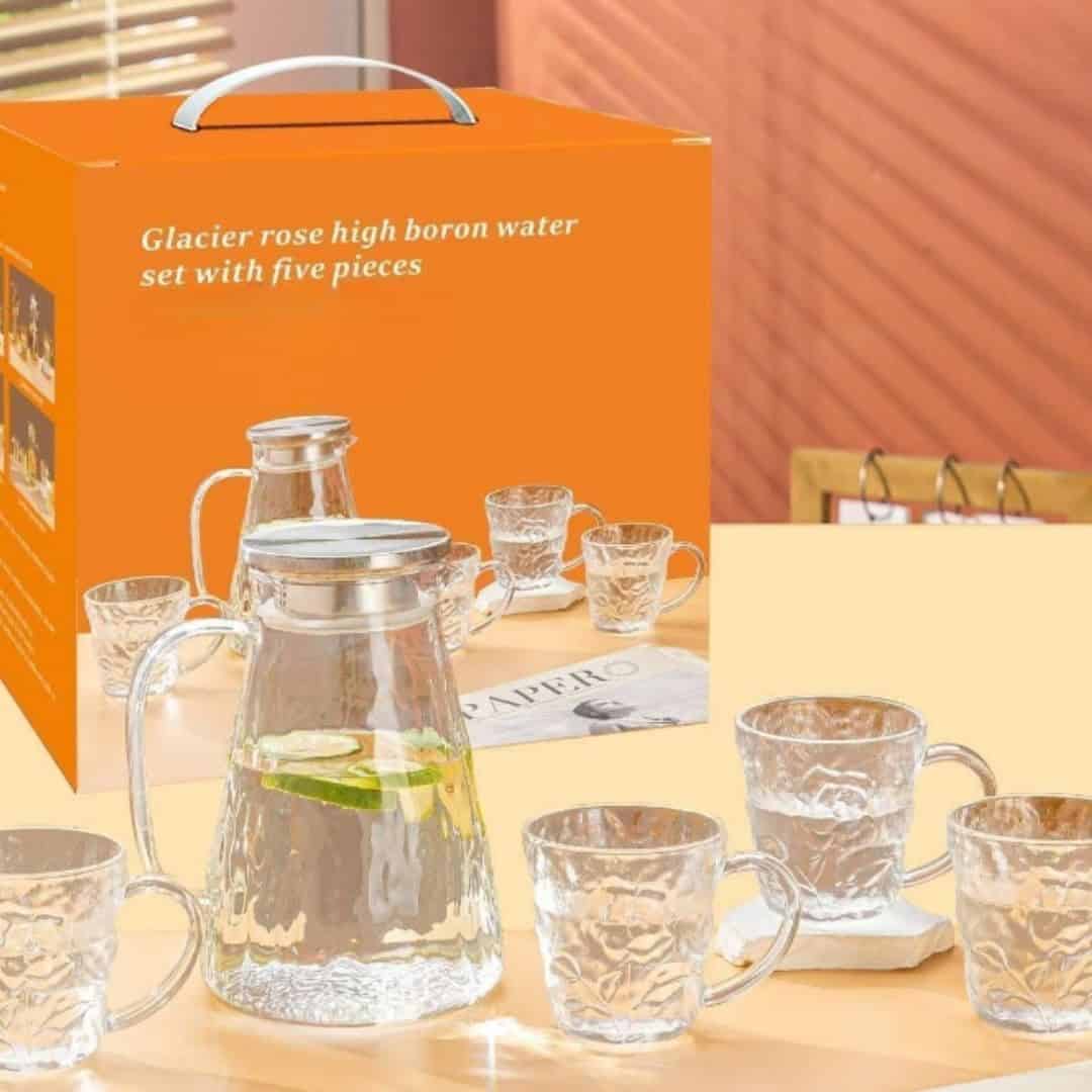 Set Carafa Limonada 1600 Ml Cu 4 Cani 295 Ml Sticla, 5 Buc A16006