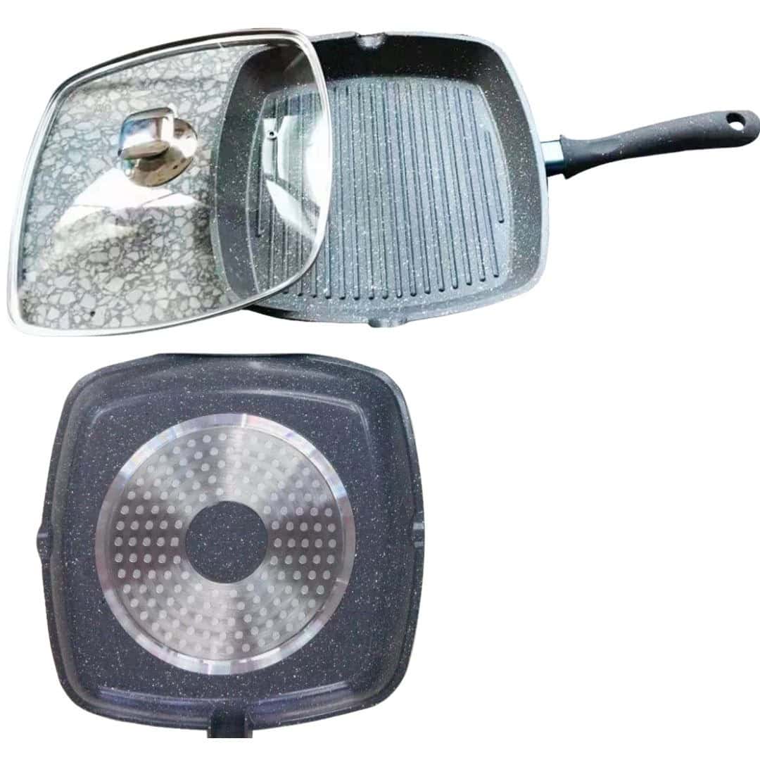 Tigaie Grill Pătrată Cu Capac Din Sticlă, Antiaderentă – A10850